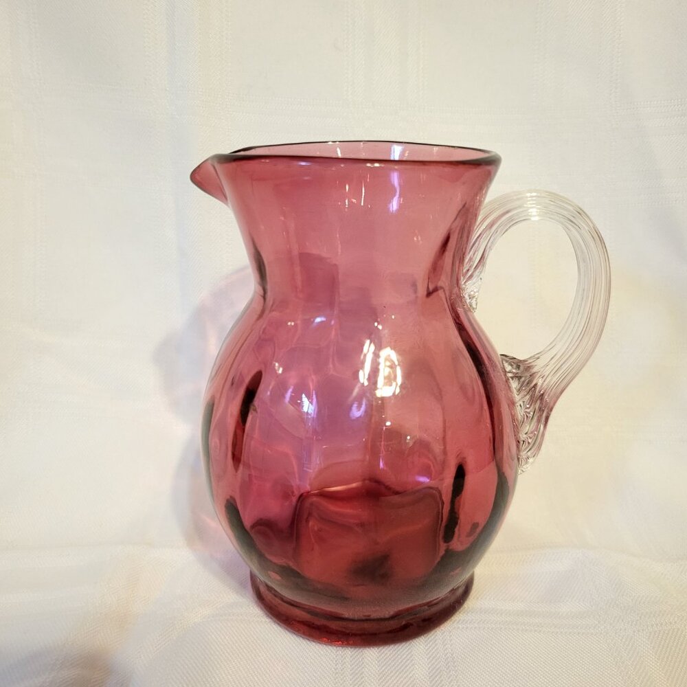 4.5 inch VTG Pilgrim Cranberry Glass Ribbed Creamer Pitcher Applied clear handle